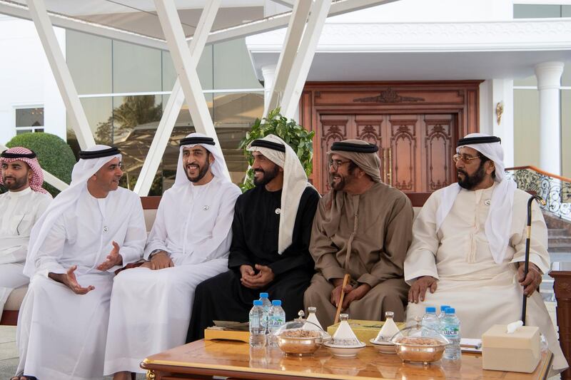 ABU DHABI, UNITED ARAB EMIRATES - January 07, 2019: (R-L) HH Sheikh Tahnoon bin Mohamed Al Nahyan, Ruler's Representative in Al Ain Region, HH Sheikh Saif bin Mohamed Al Nahyan, HH Sheikh Nahyan Bin Zayed Al Nahyan, Chairman of the Board of Trustees of Zayed bin Sultan Al Nahyan Charitable and Humanitarian Foundation, HH Sheikh Abdullah bin Rashid Al Mu'alla, Deputy Ruler of Umm Al Quwain and HH Lt General Sheikh Saif bin Zayed Al Nahyan, UAE Deputy Prime Minister and Minister of Interior, attend a Sea Palace barza.
( Saeed Al Neyadi / Ministry of Presidential Affairs )
---