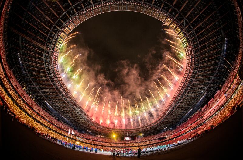 Fireworks light up the sky during the Tokyo Paralympics opening ceremony at the National  Stadium on Tuesday, August 24. Reuters