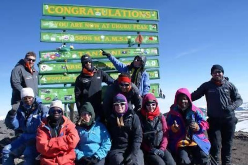 Climbers with Gulf for Good, a UAE charity, reach the summit of Mt Kilimanjaro, the highest point in Africa, last week. The group raises money for the Hanne Howard Fund, which cares for 130 vulnerable children in Lenana, a slum community in Nairobi, Kenya. Photo courtesy Gulf for Good Charity