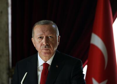 epa07985402 A handout photo made available by the Turkish Presidential Press Office shows Turkish President Recep Tayyip Erdogan speaks during a visit to the Mausoleum of Mustafa Kemal Ataturk, during a ceremony marking the 81th death anniversary of Mustafa Kemal Ataturk in Ankara, Turkey, 10 November 2019. Mustafa Kemal Ataturk, founder of modern Turkey, served as its first President from 1923 to his death on 10 November 1938 during which time Turkey was built into a modern and secular nation state  EPA/TURKISH PRESIDENTIAL PRESS OFFICE / HANDOUT  HANDOUT EDITORIAL USE ONLY/NO SALES