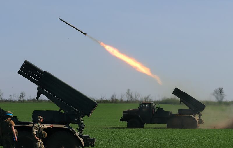 Ukrainian troops fire rockets from the city of Popasna, near Luhansk. EPA