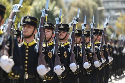 Greek army soldiers march during a military parade to mark National "Oxi" (No) Day in Thessaloniki on October 28. AFP