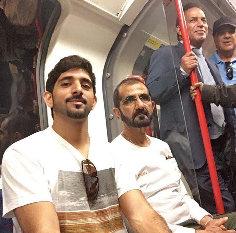 Image taken from Twitter. Sheikh Mohammed bin Rashid and Sheikh Hamdan bin Mohamed, Crown Prince of Dubai, enjoy at trip on the London Underground in July. Posted by Sheikh Hamdan on 18 July 2016