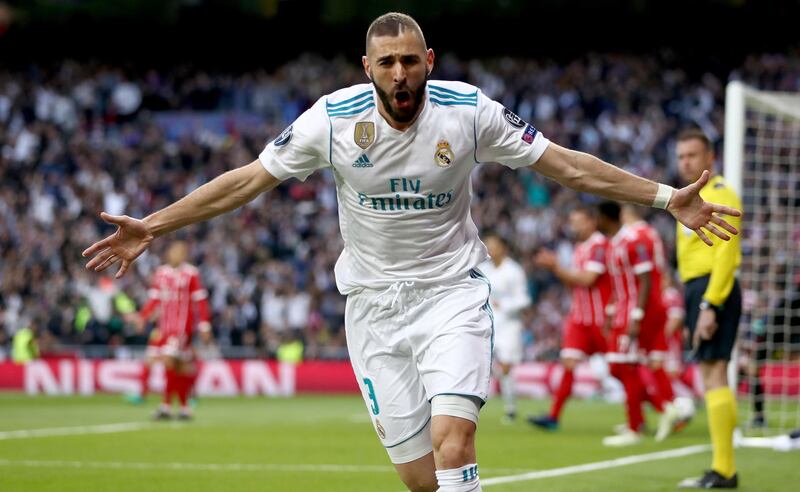 MADRID, SPAIN - MAY 01:  Karim Benzema of Madrid celebrates after scoring his teams first goal during the UEFA Champions League Semi Final Second Leg match between Real Madrid and Bayern Muenchen at the Bernabeu on May 1, 2018 in Madrid, Spain.  (Photo by Lars Baron/Bongarts/Getty Images)