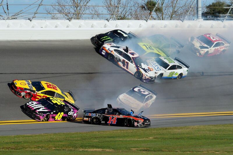 A multi-car crash during Nascar series Busch Clash race at Daytona International Speedway, Florida, on Sunday February 9. The race was eventually won by Erik Jones. AP