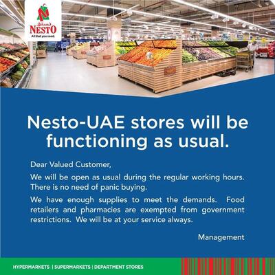Nesto supermarket's management issued a notice online to reassure shoppers they will remain open. Courtesy: Nesto 