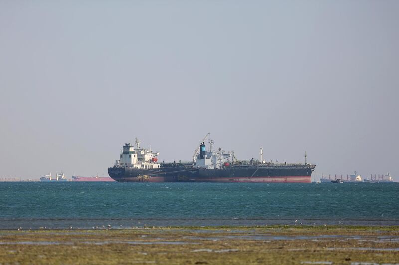 The 'Energy Chancellor' crude oil tanker rides anchor while waiting to enter the Suez Canal in Suez, Egypt, on Sunday, March 28, 2021. A new attempt could be made Sunday to re-float the 400-meter-long container ship 'Ever Given' blocking the Suez Canal. Photographer: Islam Safwat/Bloomberg