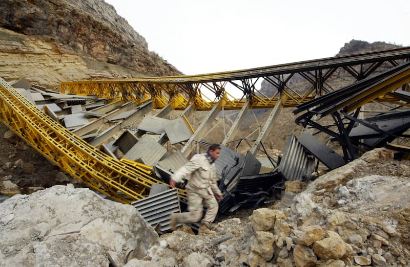 A ruined bridge lies in northern Iraq's Kurdistan region during fighting between Turkish forces and PKK fighters on February 24, 2008. AFP