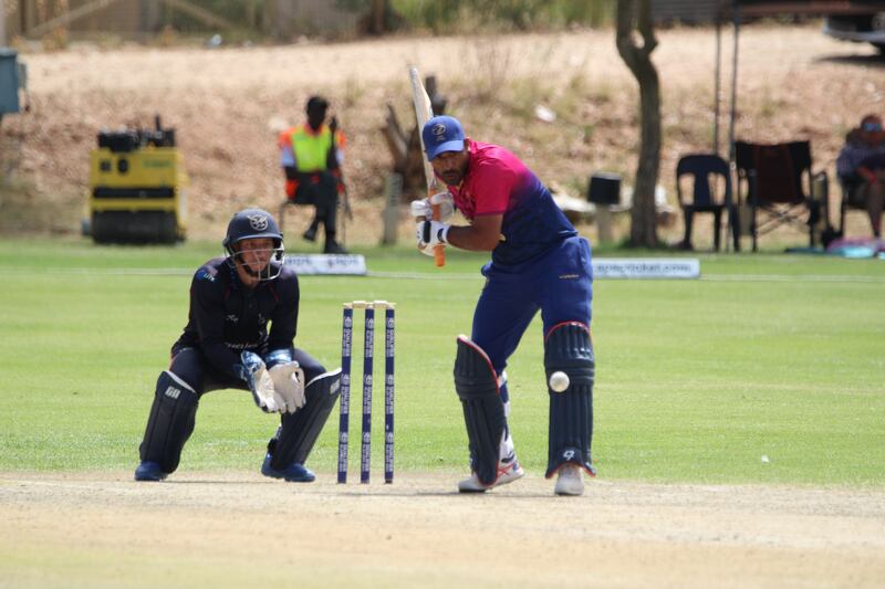 Asif Khan on his way to scoring 96 for the UAE in their victory against Namibia in Windhoek on April 2, a result that has helped secure a place in the final phase of Cricket World Cup qualifying. JW Prinsloo for The National