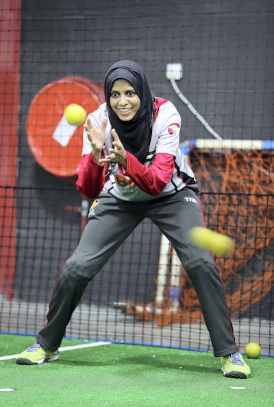 DUBAI , UNITED ARAB EMIRATES , SEP 4  – 2017 :- Humaira Tasneem from UAE women’s cricket national team during the training ahead of the indoor cricket World Cup at the Insportz Club in Dubai. ( Pawan Singh / The National ) Story by Paul Radley