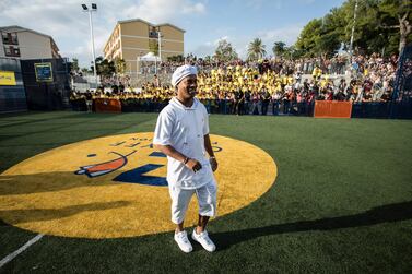 Former Barcelona player Ronaldinho at the opening of a Cruyff Foundation court at Roquetas. Image courtesy of Cruyff Foundation