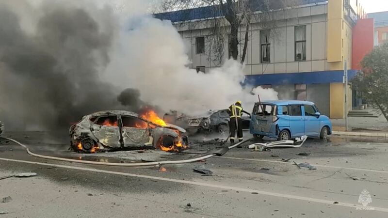 A car burns following Ukrainian forces' shelling of Belgorod, Russia. Reuters