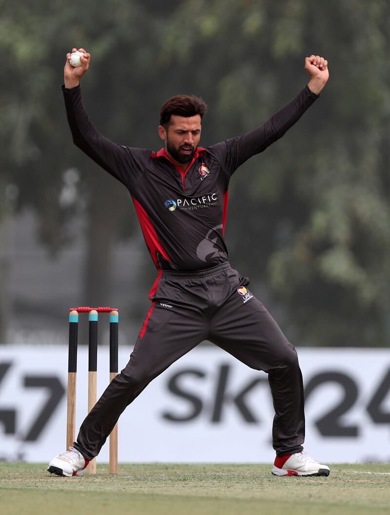 UAE's Rohan Mustafa after claiming the wicket of Namibia' batsman JJ Smit.