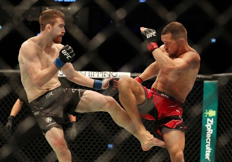 UFC interim bantamweight title match between Cory Sandhagen (blue) and Petr Yan (red) at the Etihad Arena, Yas Island, Abu Dhabi.