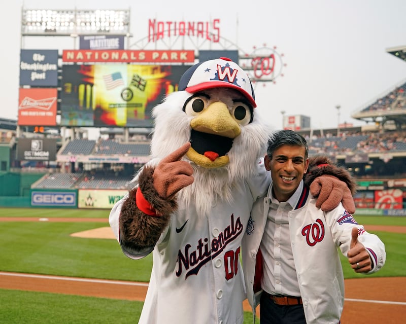 Prime Minister Rishi Sunak poses for pictures with Screech the Washington Nationals Mascot.  PA