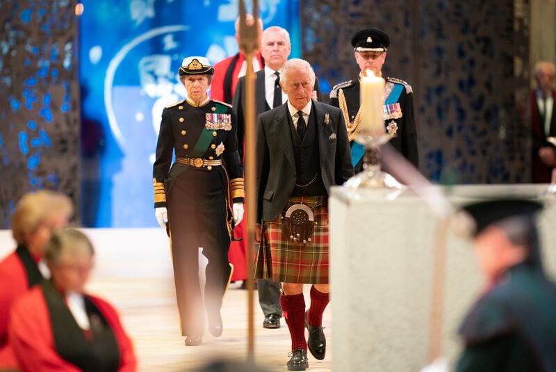 King Charles III and Princess Anne arrive to hold a vigil at St Giles' Cathedral in honour of Queen Elizabeth, in Edinburgh, Scotland. 