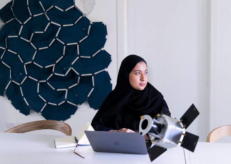 DUBAI, UNITED ARAB EMIRATES.  29 NOVEMBER 2020. 
Hind Bin Jarsh AlFalasi, the designer of UAE’s moon mission logo, at her office in Mohammed Bin Rashid Space Centre.
(Photo: Reem Mohammed/The National)

Reporter:
Section: