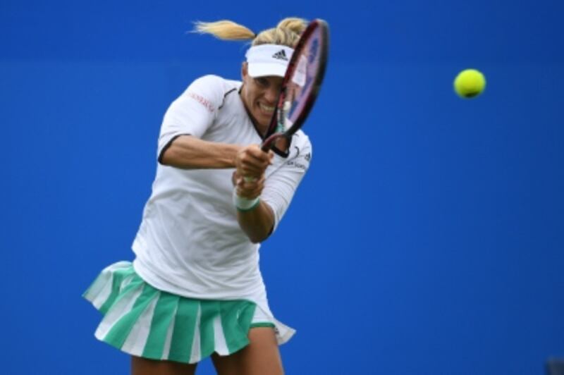 EASTBOURNE, ENGLAND - JUNE 28:  Angelique Kerber of Germany in action during her victory over Kristyna Pliskova of Czech Republic on Day 4 of the Aegon International Eastbourne tournament at Devonshire Park on June 28, 2017 in Eastbourne, England.  (Photo by Mike Hewitt/Getty Images)