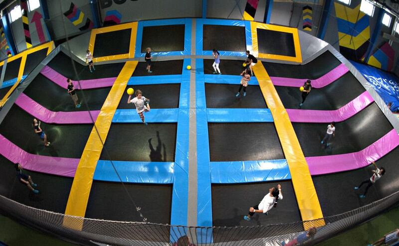The Dodgeball court at Bounce Inc. has 16 of the facility's 80 trampolines for two teams to compete on at the indoor trampoline center in Al Quoz in Dubai, February 15, 2015. Jeff Topping / For The National