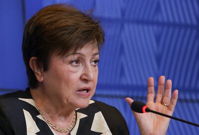 Kristalina Georgieva, the managing director of the International Monetary Fund, at a press conference in Luxembourg. EPA