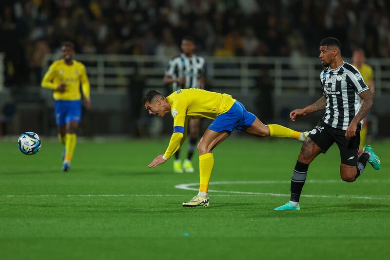 Cristiano Ronaldo of Al Nassr battles for the ball during the Saudi Pro League match against Al Shabab. Getty