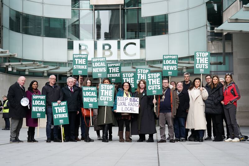 Members of National Union of Journalists protest against changes to local radio programming at Broadcasting House in central London. PA