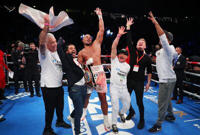 Joe Joyce celebrates with his team after stopping Joseph Parker. Getty