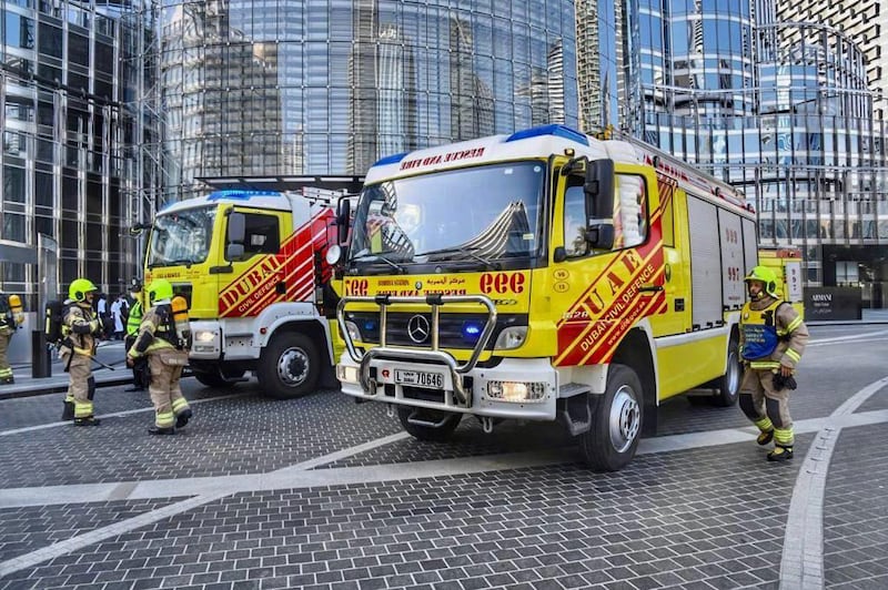 Firefighting vehicles at Burj Khalifa during the drill.