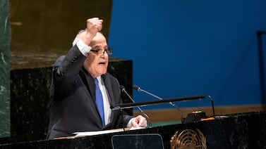 Palestinian Ambassador to the United Nations Riyad Mansour gestures to delegates after addressing them during the United Nations General Assembly before voting on a draft resolution that would recognize the Palestinians as qualified to become a full U.N. member, in New York City, U.S. May 10, 2024. REUTERS/Eduardo Munoz