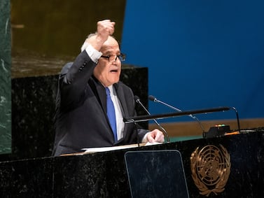 Palestinian Ambassador to the United Nations Riyad Mansour gestures to delegates after addressing them during the United Nations General Assembly before voting on a draft resolution that would recognize the Palestinians as qualified to become a full U.N. member, in New York City, U.S. May 10, 2024. REUTERS/Eduardo Munoz