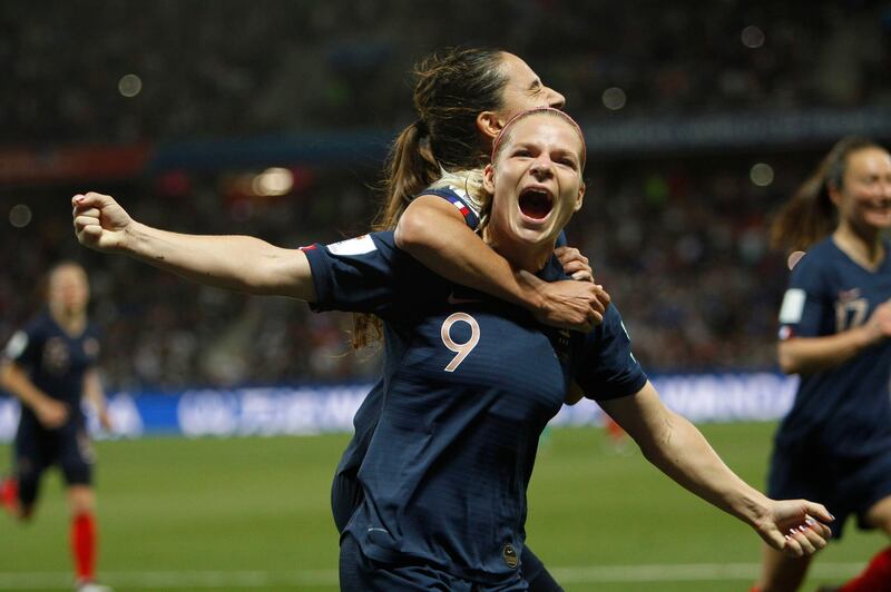 France's Eugenie Le Sommer, celebrates with Amel Majri after scoring her side's second goal against Norway. AP Photo