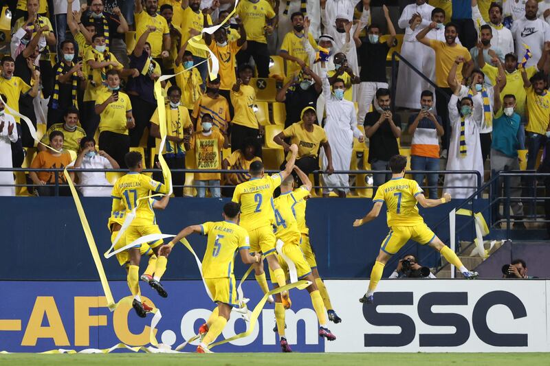 Nassr players during the AFC Champions League quarter-final win against Al Wahda at the Mrsool Park Stadium in Riyadh. AFP