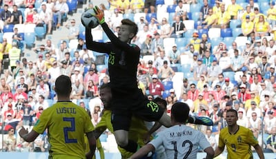South Korea goalkeeper Jo Hyun-woo, saves a ball during the group F match between Sweden and South Korea at the 2018 soccer World Cup in the Nizhny Novgorod stadium in Nizhny Novgorod, Russia, Monday, June 18, 2018. (AP Photo/Lee Jin-man)