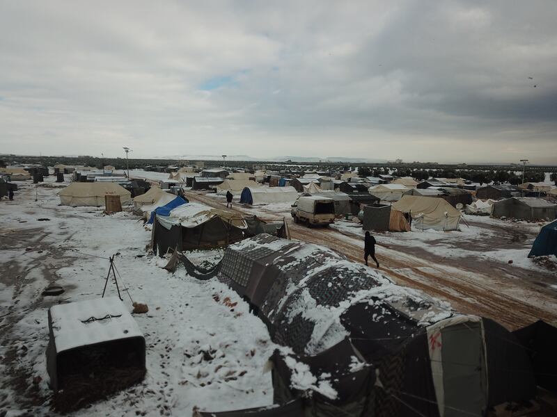 Aerial view of tents covered with snow in Al Zaytoun camp in the northern countryside of Aleppo.