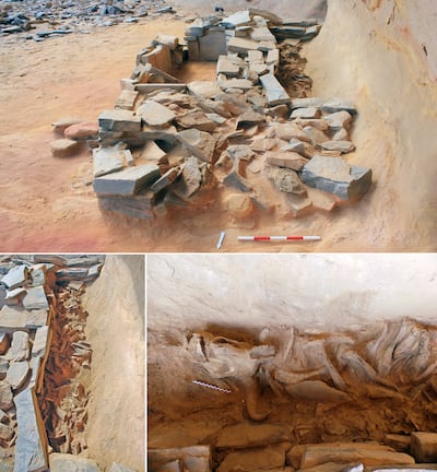 Clockwise from top, the platform containing the horn chamber; details of the horn chamber; the site was found in north-west Saudi Arabia. Photo: Royal Commission for AlUla 