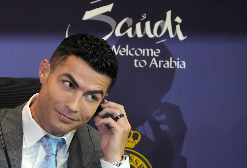 Cristiano Ronaldo speaks during a press conference for his official unveiling at Al Nassr. AP