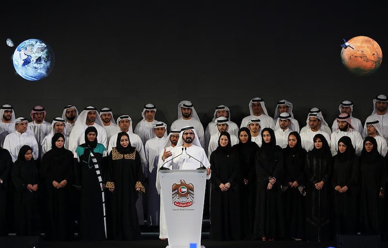 Sheikh Mohammed bin Rashid, Vice President of UAE and Ruler of Dubai, centre, announces plans for the Emirates Mars Mission. The name of the probe is Amal or Hope Kamran Jebreili / AP Photo