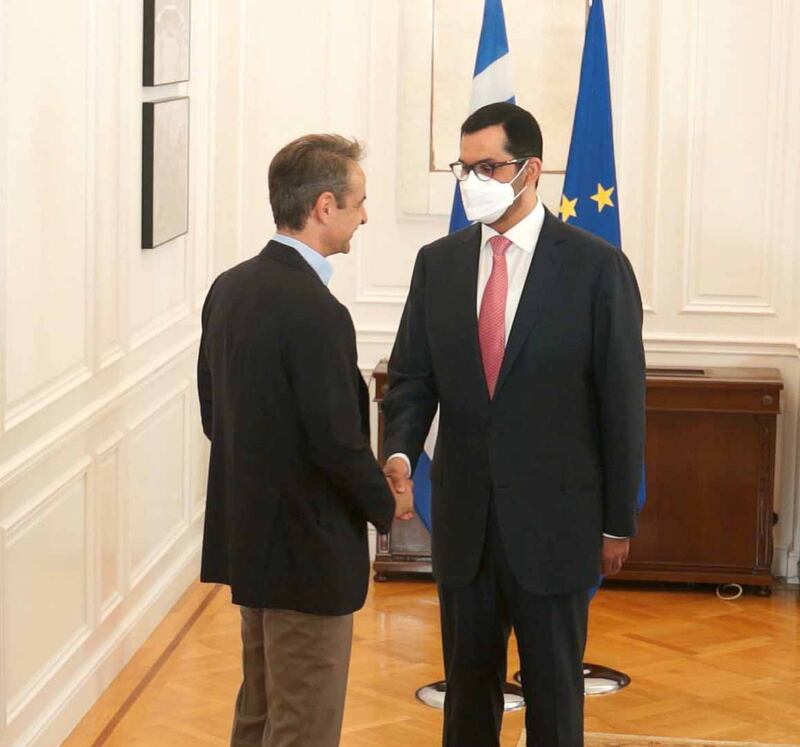 Dr Sultan Al Jaber, Minister of Industry and Advanced Technology, right, with Kyriakos Mitsotakis, prime minister of Greece, during his visit to Athens. All photos: Wam