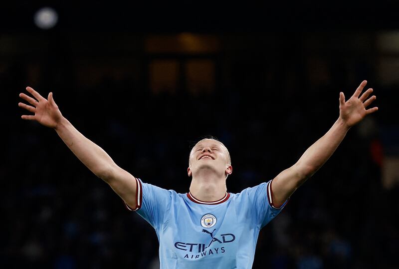 Erling Haaland celebrates after his Premier League record-breaking goal for Manchester City against West Ham United at the Etihad Stadium on May 4, 2023. Reuters