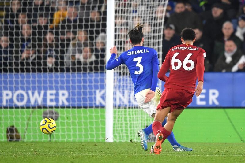 Trent Alexander-Arnold scores Liverpool's fourth goal on Thursday. Getty Images