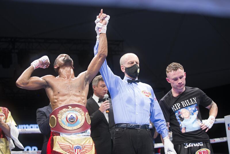 Dubai, United Arab Emirates - Jamel Herring of USA wiing over  Carl Framptonn of Northern Ireland at the Rotunda, Ceasar's Palace, Bluewaters Island, Dubai.  Leslie Pable for The National