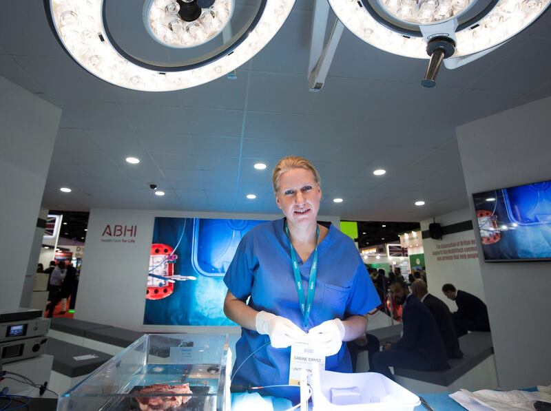 DUBAI, UNITED ARAB EMIRATES - Dr. Sabine Ernst of Royal Brompton and Harefield NHS Foundation Trust giving a demo at the Arab Health, Dubai World Trade Centre. Leslie Pableo for The National