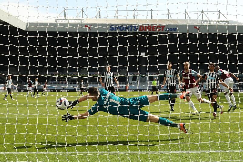 NEWCASTLE RATINGS: Martin Dubravka - 7: Routine early save from Dawson header and not troubled at all in first half. Comfortable stops from Bowen and Soucek shot just after break. Maybe should have saved Diop's header for opening Hammers goal. AFP