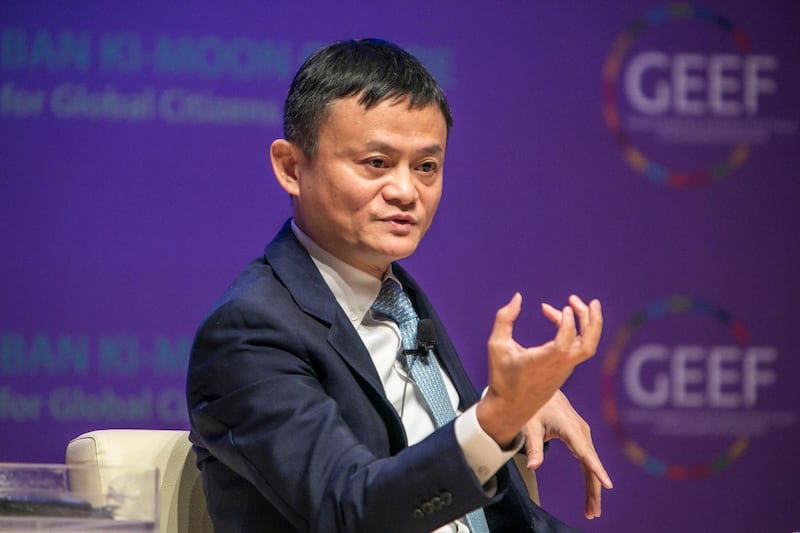 Jack Ma, billionaire and chairman of Alibaba Group Holding Ltd., gestures as he speaks during the Special Conversation at the Global Engagement & Empowerment Forum on Sustainable Development (GEEF) in Seoul, South Korea, on Wednesday, Feb. 7, 2018. Alibaba has agreed to buy a stake in Dalian Wanda Group Co.'s cinema operator as billionaire Wang Jianlin's real estate-to-entertainment conglomerate turns to another Chinese tech giant and a government-backed company for investments totaling about 7.8 billion yuan ($1.2 billion). Photographer: Jean Chung/Bloomberg