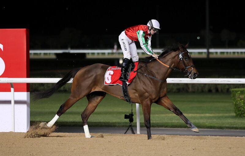 DUBAI , UNITED ARAB EMIRATES , MARCH 10  – 2017 :- North America ( GB) ridden by  Richard Mullen ( no 6   ) won the 6th horse race 2000m dirt held at Meydan Racecourse in Dubai. ( Pawan Singh / The National ) For Sports. Story by Amith