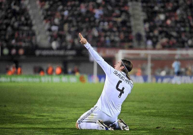 PALMA, SPAIN - JANUARY 11:  Sergio Ramos of Real Madrid celebrates after scoring Real's third goal during the La Liga match betwen Mallorca and Real Madrid at the San Moix stadium on January 11, 2009 in Palma, Spain.  (Photo by Denis Doyle/Getty Images)