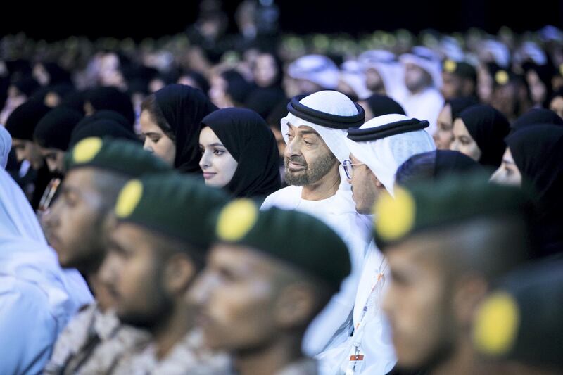 ABU DHABI, UNITED ARAB EMIRATES - OCTOBER 09, 2018. 

Mohammed Bin Zayed sits amongst the students at Mohammed Bin Zayed Council for Future Generations sessions, held at ADNEC.

(Photo by Reem Mohammed/The National)

Reporter: SHIREENA AL NUWAIS + ANAM RIZVI
Section:  NA