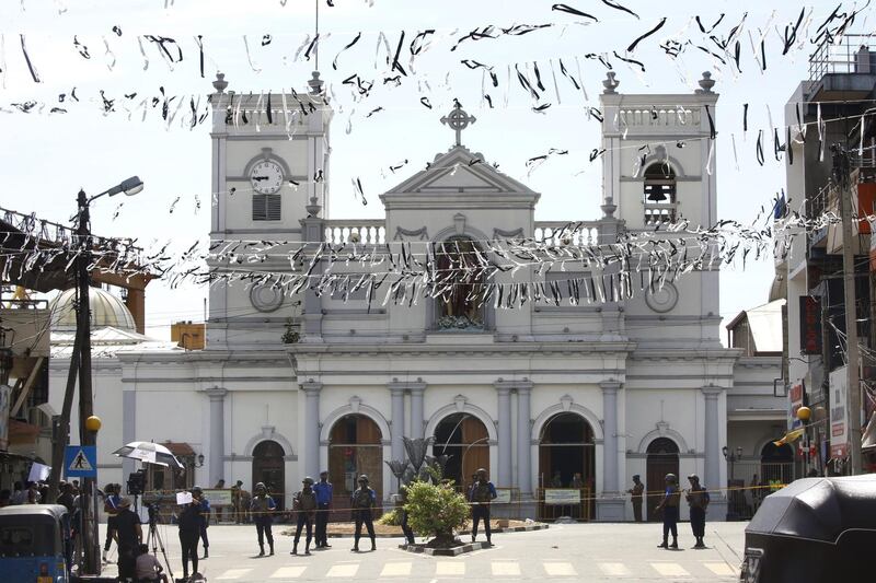 White bunting is on display in front of St Anthony's Church as the city prepares for the funerals of the blast victims in Kochchikade. EPA