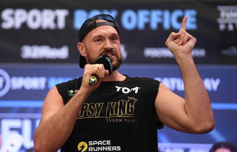 British Boxer Tyson Fury speaks during the Weigh-In for the Fury v Whyte fight at Wembley Box Park in London, Britain, 22 April 2022.  Tyson Fury and Dillian Whyte fight on 23 April 2022 at Wembley Stadium for the WBC and The Ring heavyweight championship belts.   EPA / NEIL HALL