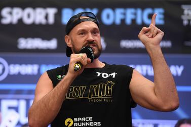 British Boxer Tyson Fury speaks during the Weigh-In for the Fury v Whyte fight at Wembley Box Park in London, Britain, 22 April 2022.  Tyson Fury and Dillian Whyte fight on 23 April 2022 at Wembley Stadium for the WBC and The Ring heavyweight championship belts.   EPA / NEIL HALL